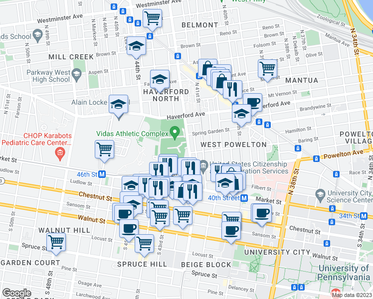 map of restaurants, bars, coffee shops, grocery stores, and more near 406 North 42nd Street in Philadelphia