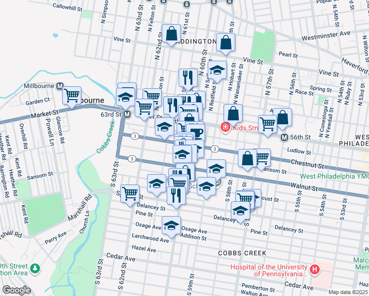 map of restaurants, bars, coffee shops, grocery stores, and more near 6010 Chestnut Street in Philadelphia