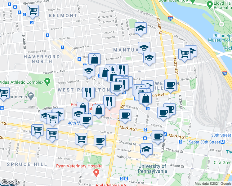 map of restaurants, bars, coffee shops, grocery stores, and more near 3835 Pearl Street in Philadelphia