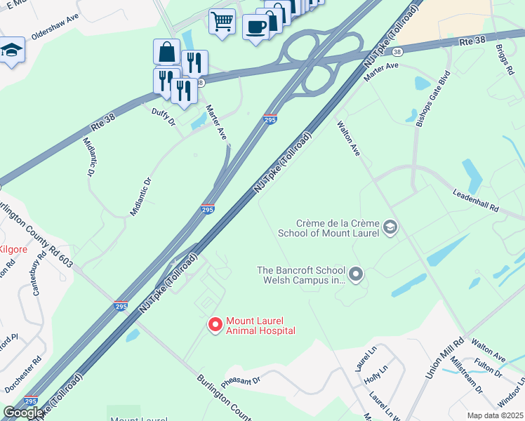 map of restaurants, bars, coffee shops, grocery stores, and more near Marter Avenue in Moorestown