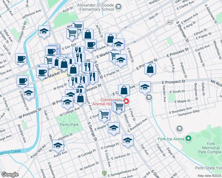 map of restaurants, bars, coffee shops, grocery stores, and more near 236 Pennsylvania 74 in York