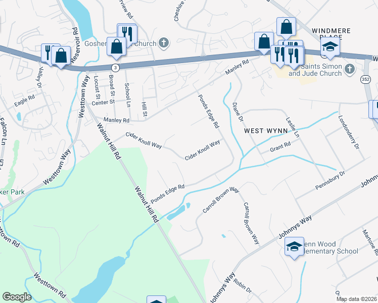 map of restaurants, bars, coffee shops, grocery stores, and more near 1427 Cider Knoll Way in West Chester