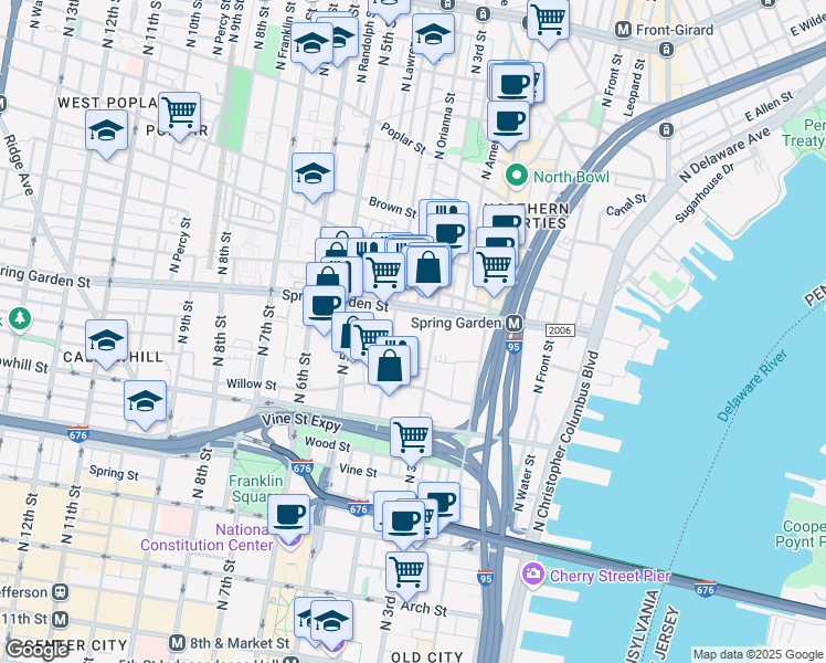 map of restaurants, bars, coffee shops, grocery stores, and more near 300 Spring Garden Street in Philadelphia