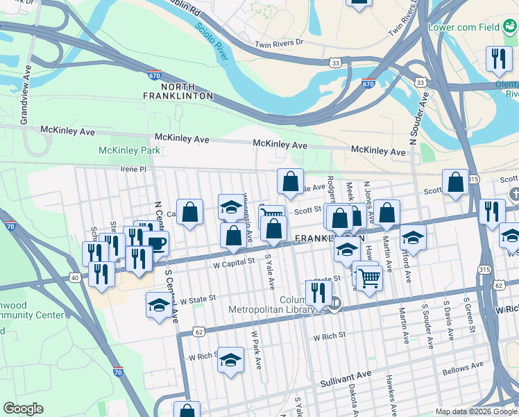 map of restaurants, bars, coffee shops, grocery stores, and more near 73 North Yale Avenue in Columbus