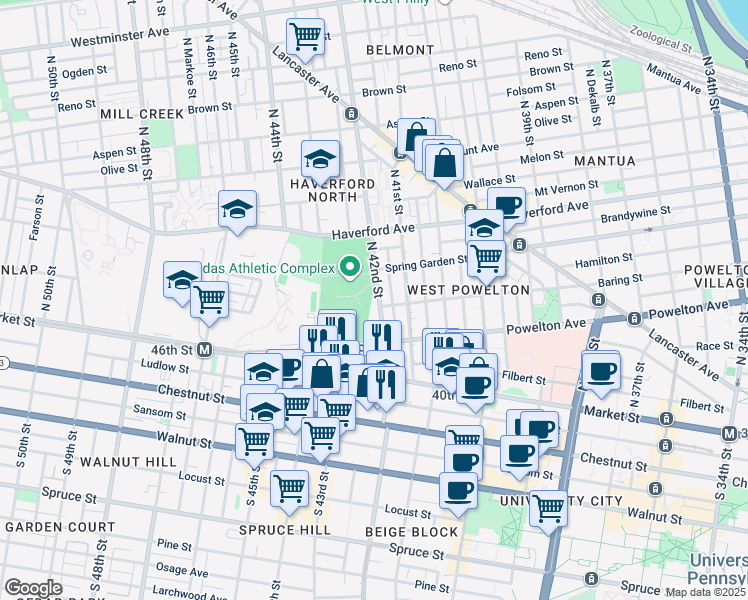 map of restaurants, bars, coffee shops, grocery stores, and more near 406 North 42nd Street in Philadelphia