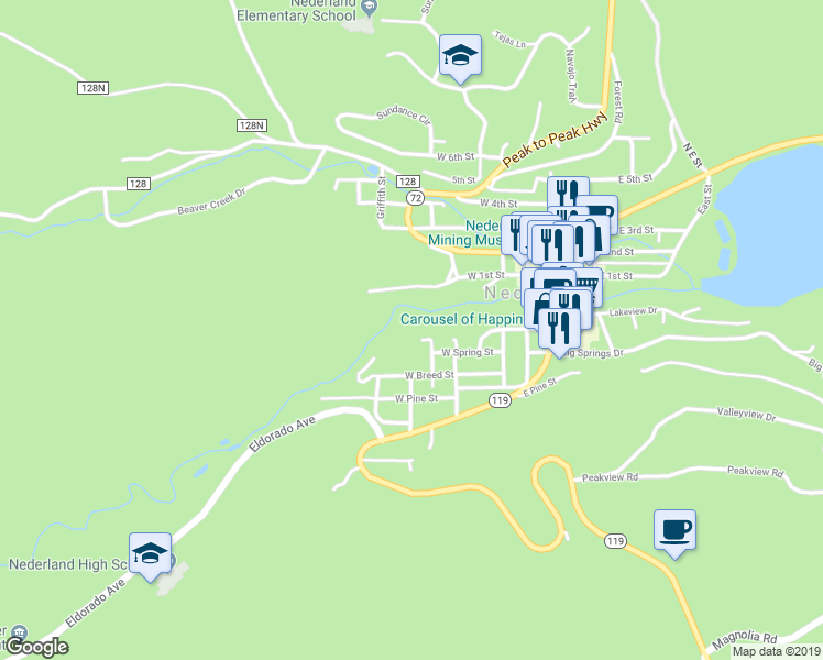 map of restaurants, bars, coffee shops, grocery stores, and more near 100 Caribou Road in Nederland