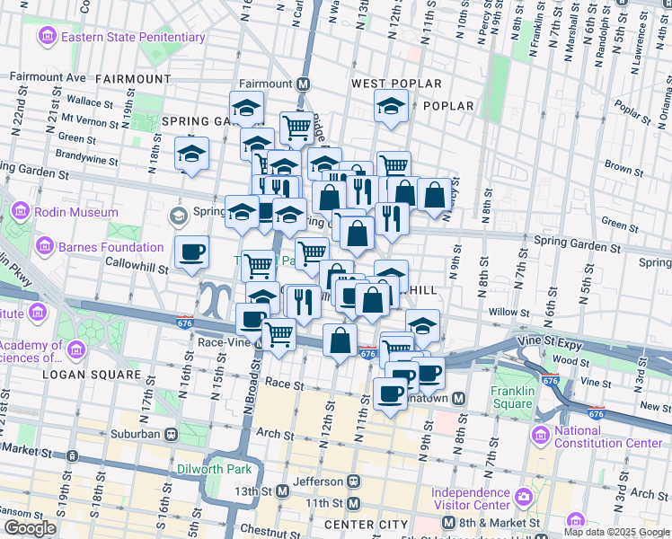 map of restaurants, bars, coffee shops, grocery stores, and more near 1221 Noble Street in Philadelphia
