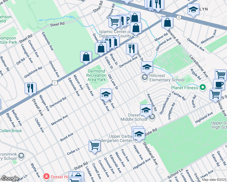 map of restaurants, bars, coffee shops, grocery stores, and more near 1025 Shadeland Avenue in Drexel Hill