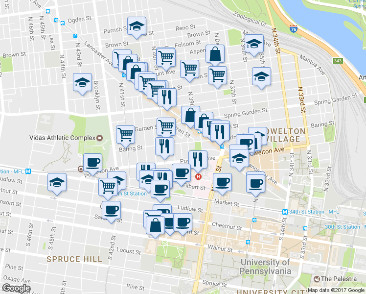map of restaurants, bars, coffee shops, grocery stores, and more near 341 State Street in Philadelphia