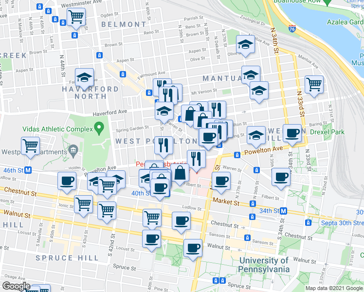 map of restaurants, bars, coffee shops, grocery stores, and more near 343 State Street in Philadelphia
