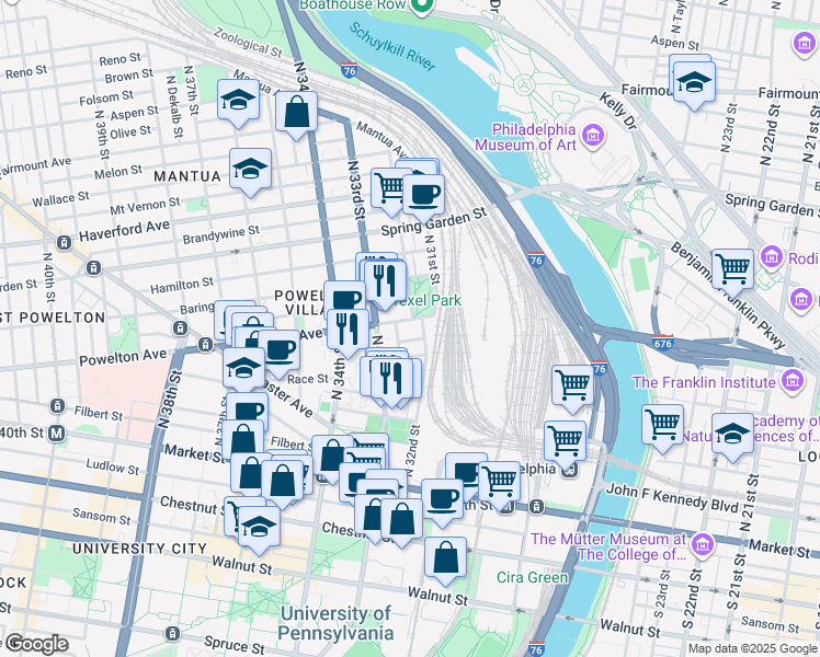 map of restaurants, bars, coffee shops, grocery stores, and more near 3212 Powelton Avenue in Philadelphia