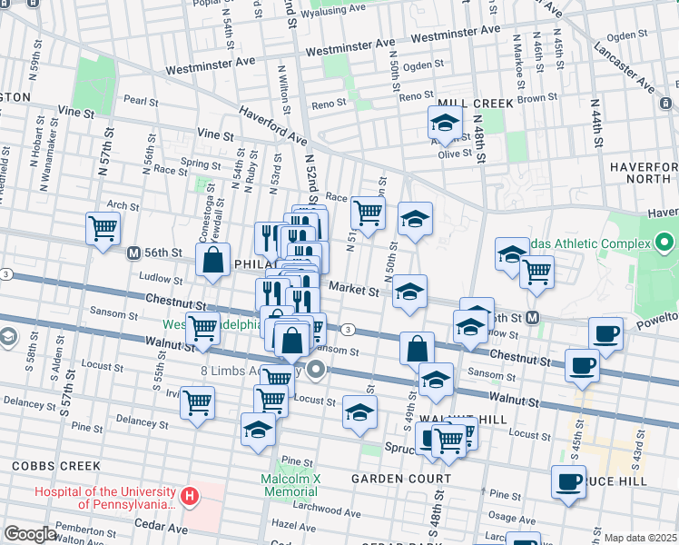 map of restaurants, bars, coffee shops, grocery stores, and more near 5119 Market Street in Philadelphia