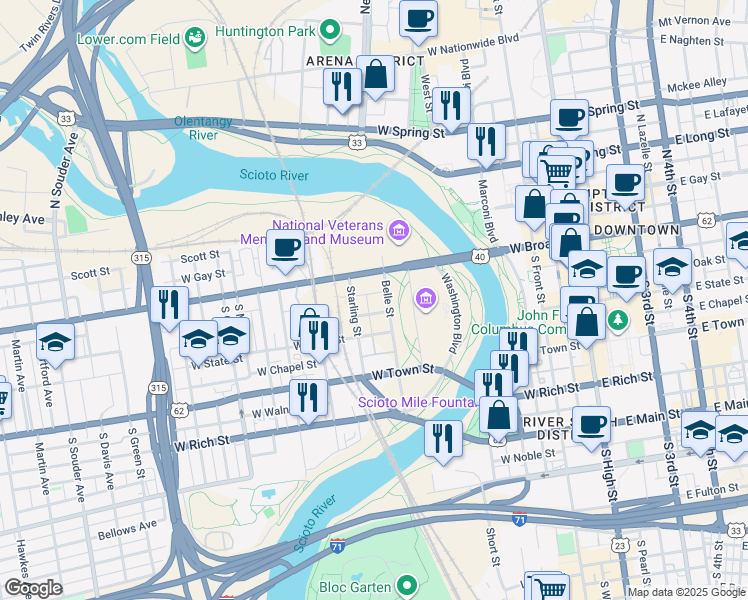 map of restaurants, bars, coffee shops, grocery stores, and more near in Columbus