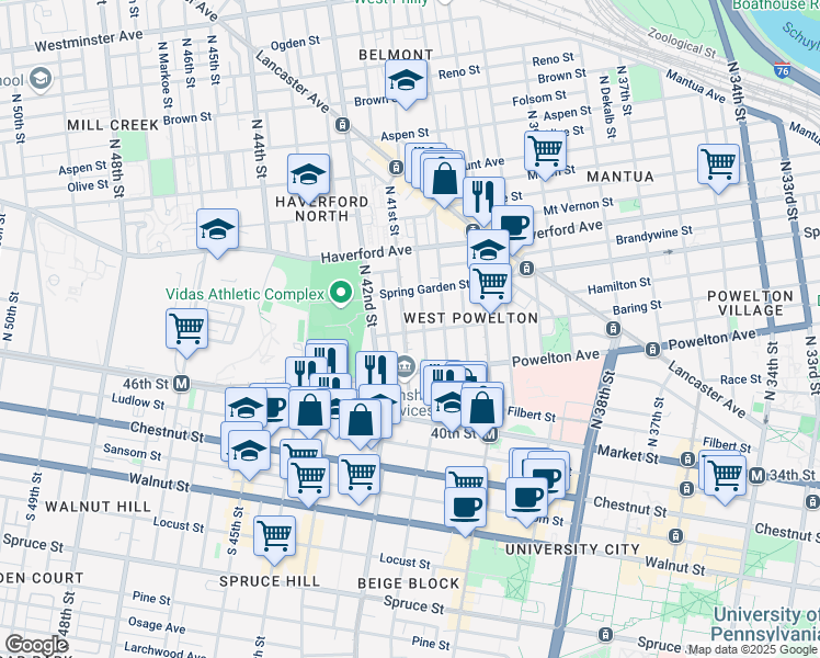 map of restaurants, bars, coffee shops, grocery stores, and more near 401 North 41st Street in Philadelphia