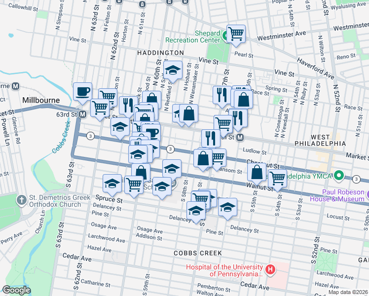 map of restaurants, bars, coffee shops, grocery stores, and more near 5755 Chestnut Street in Philadelphia
