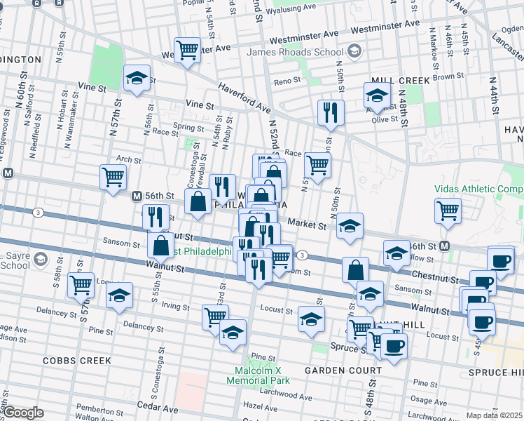 map of restaurants, bars, coffee shops, grocery stores, and more near 5207 Market Street in Philadelphia