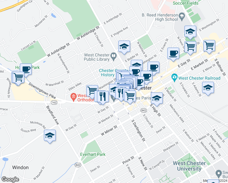map of restaurants, bars, coffee shops, grocery stores, and more near 205 West Chestnut Street in West Chester