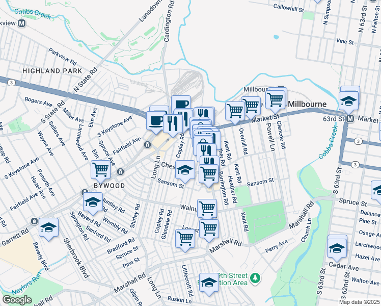 map of restaurants, bars, coffee shops, grocery stores, and more near 38 Hampden Road in Upper Darby