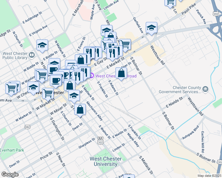 map of restaurants, bars, coffee shops, grocery stores, and more near 412 Danielle Way in West Chester