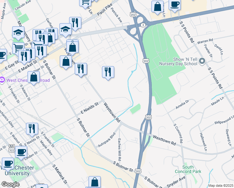 map of restaurants, bars, coffee shops, grocery stores, and more near 601 Westtown Road in West Chester