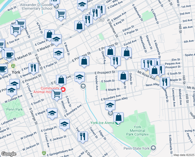 map of restaurants, bars, coffee shops, grocery stores, and more near 527 Vander Avenue in York