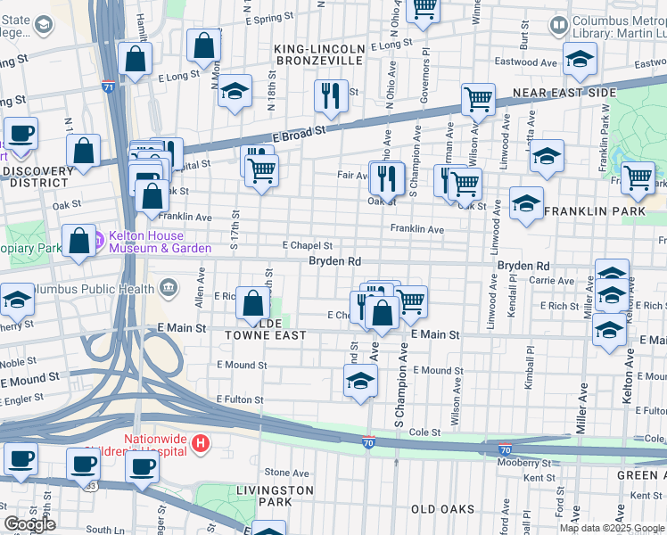 map of restaurants, bars, coffee shops, grocery stores, and more near 245 South 21st Street in Columbus