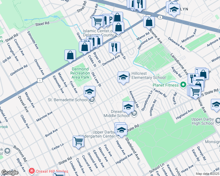 map of restaurants, bars, coffee shops, grocery stores, and more near 1023 Cobbs Street in Drexel Hill
