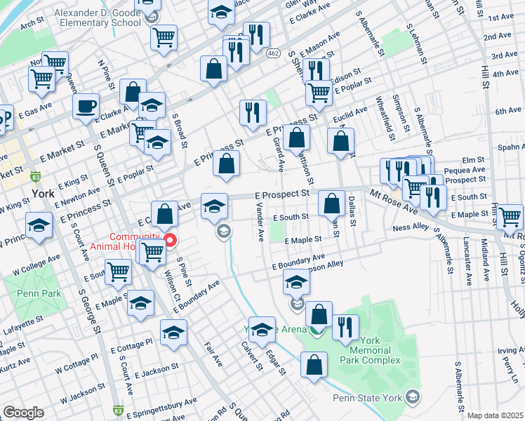 map of restaurants, bars, coffee shops, grocery stores, and more near 527 Vander Avenue in York
