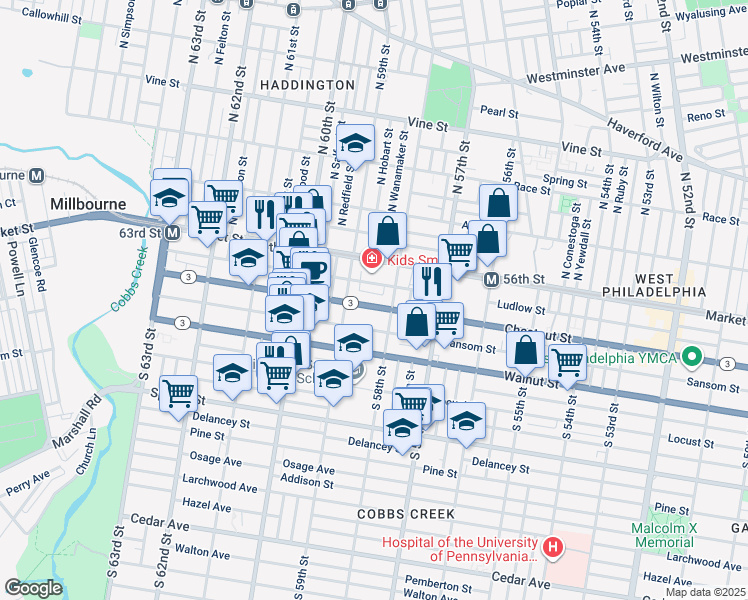 map of restaurants, bars, coffee shops, grocery stores, and more near 5829 Chestnut Street in Philadelphia