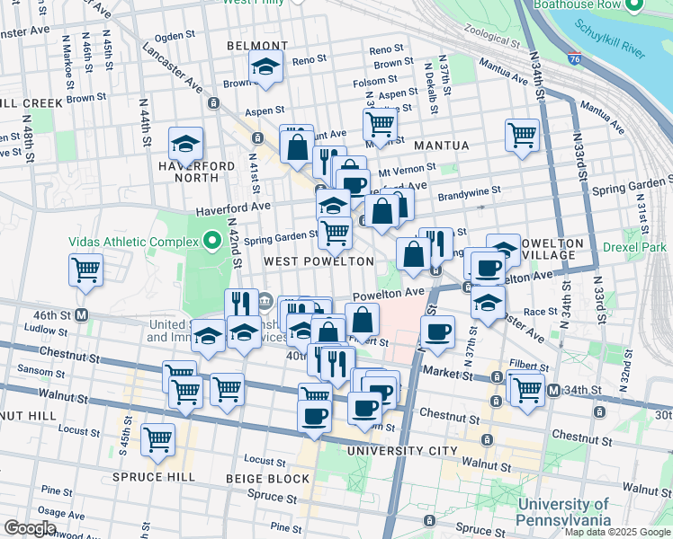 map of restaurants, bars, coffee shops, grocery stores, and more near 339 North 40th Street in Philadelphia