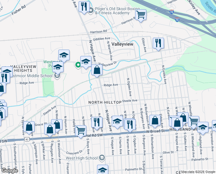 map of restaurants, bars, coffee shops, grocery stores, and more near 2735 Ridge Avenue in Columbus