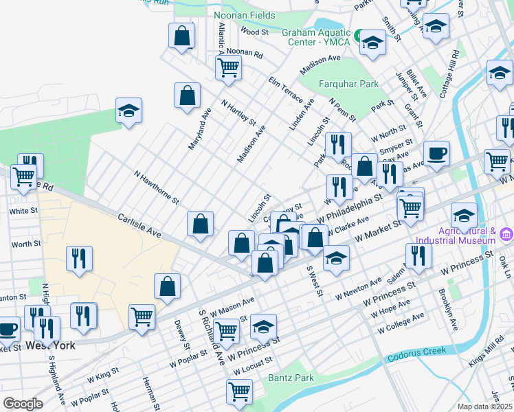 map of restaurants, bars, coffee shops, grocery stores, and more near 633 Lincoln Street in York