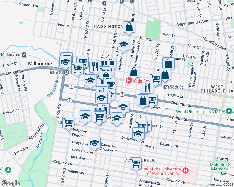 map of restaurants, bars, coffee shops, grocery stores, and more near 5913 Chestnut Street in Philadelphia