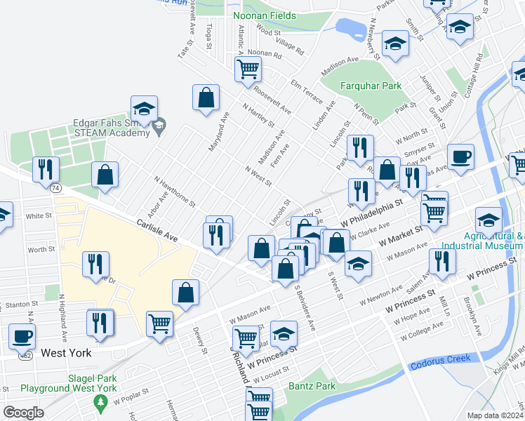 map of restaurants, bars, coffee shops, grocery stores, and more near 650 Linden Avenue in York