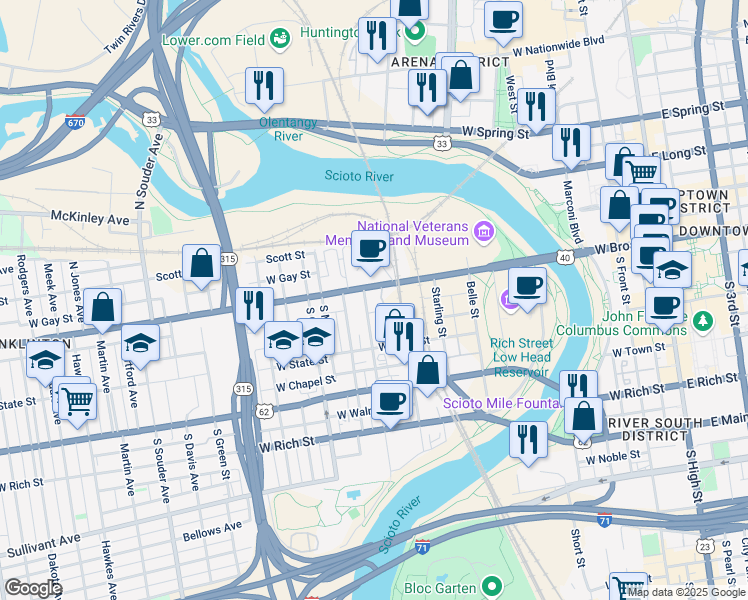 map of restaurants, bars, coffee shops, grocery stores, and more near 451 West Broad Street in Columbus