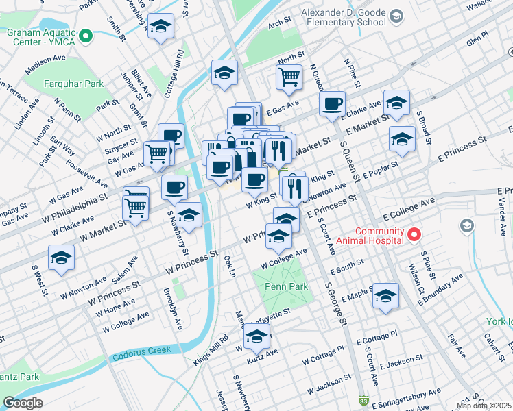 map of restaurants, bars, coffee shops, grocery stores, and more near 102 South Beaver Street in York