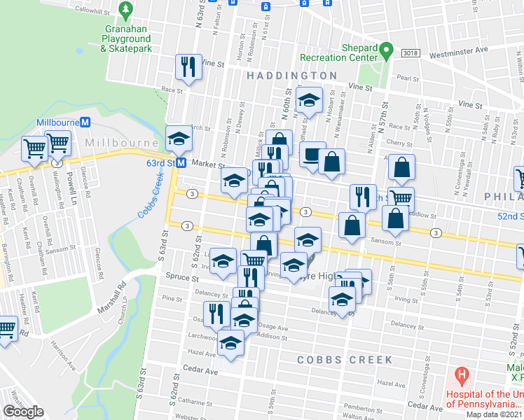 map of restaurants, bars, coffee shops, grocery stores, and more near 6010 Chestnut Street in Philadelphia
