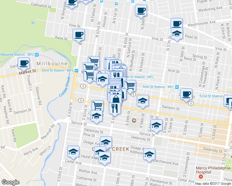 map of restaurants, bars, coffee shops, grocery stores, and more near 102 South 60th Street in Philadelphia
