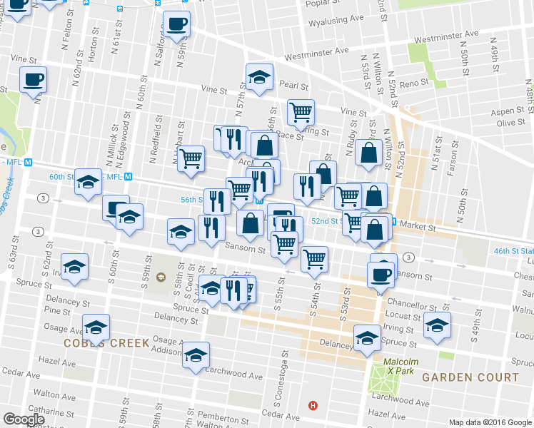 map of restaurants, bars, coffee shops, grocery stores, and more near 5559 Ludlow St in Philadelphia