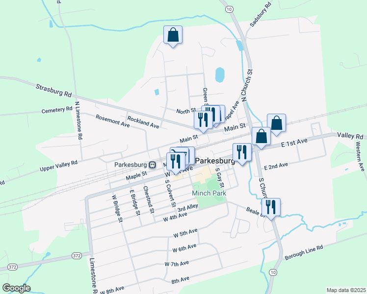 map of restaurants, bars, coffee shops, grocery stores, and more near 352 Main Street in Parkesburg