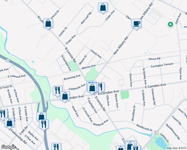 map of restaurants, bars, coffee shops, grocery stores, and more near 32 New Albany Road in Moorestown