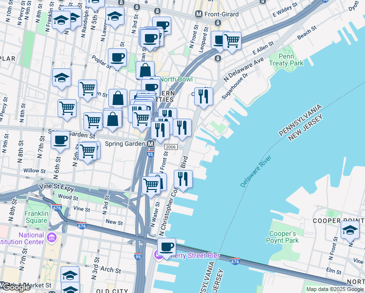 map of restaurants, bars, coffee shops, grocery stores, and more near 52 Spring Garden Street in Philadelphia