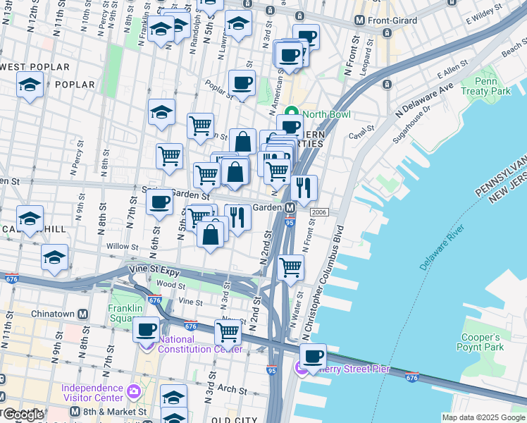 map of restaurants, bars, coffee shops, grocery stores, and more near 200-24 Spring Garden Street in Philadelphia