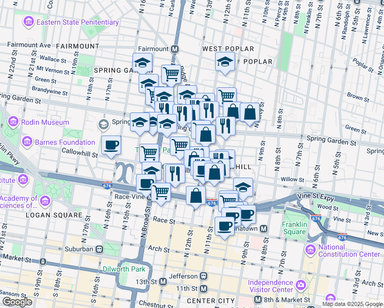 map of restaurants, bars, coffee shops, grocery stores, and more near 1221 Noble Street in Philadelphia