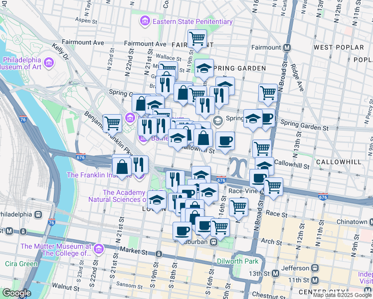 map of restaurants, bars, coffee shops, grocery stores, and more near 319 North 19th Street in Philadelphia