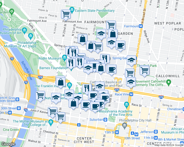 map of restaurants, bars, coffee shops, grocery stores, and more near 319 North 19th Street in Philadelphia
