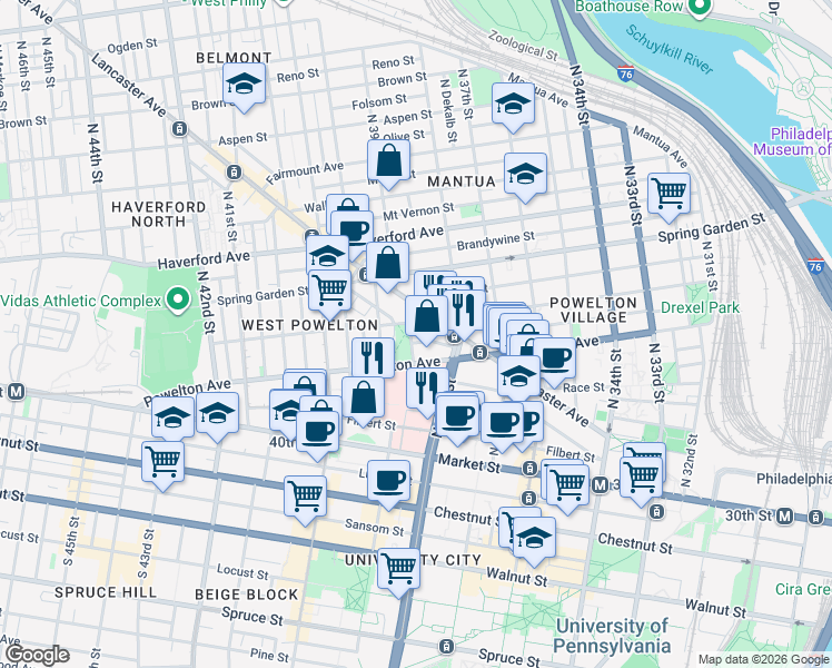 map of restaurants, bars, coffee shops, grocery stores, and more near 3823 Pearl Street in Philadelphia