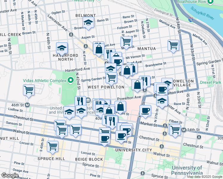 map of restaurants, bars, coffee shops, grocery stores, and more near 318 North 40th Street in Philadelphia