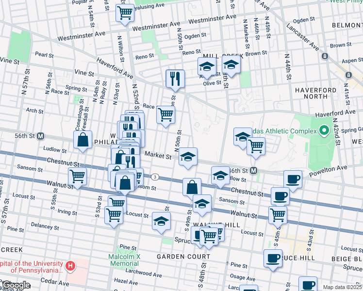 map of restaurants, bars, coffee shops, grocery stores, and more near 13 North 50th Street in Philadelphia