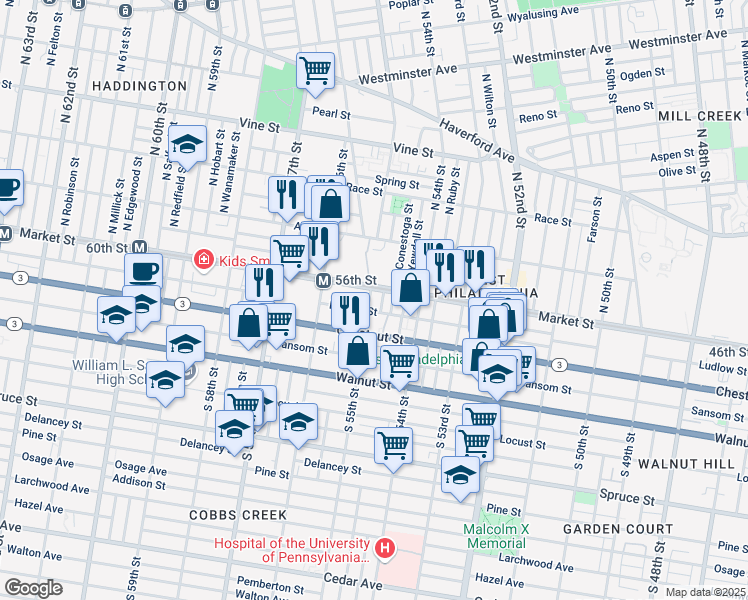 map of restaurants, bars, coffee shops, grocery stores, and more near 26 South 55th Street in Philadelphia